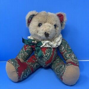 Dillards Jointed Teddy Bear Plush Paisley Red Green vtg Stuffed Animal Decor Toy